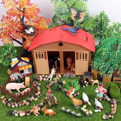 Oenux Simulation Farm Poultry Pig Rabbit Bird Animals Action Figures Tree Fence lawn Garden Decoration Model Toy For Kid Gift