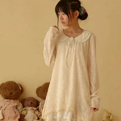 Japanese Spring Women's Lace Peter Pan Collar Long Sleeve Sweet Medium Princess Laciness Cute Lovely Lolita Dress Mori Girl C208