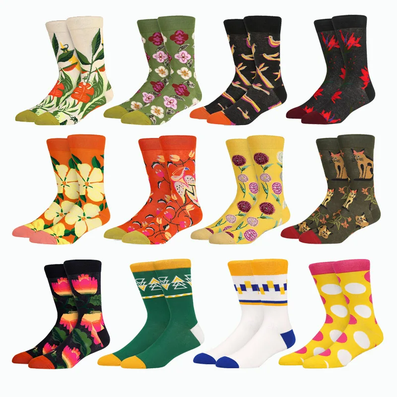 Men Socks New Trend Winter Fashion Design Cotton Unisex Animal Flowers Business Crew Happy Wedding Socks Women Christmas Gifts