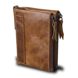 2019 Vintage Genuine Cow Leather Men Wallet ID Card Holder Coin Purse Male Wallets Double Zipper Small Mam Mini Purse Carteira