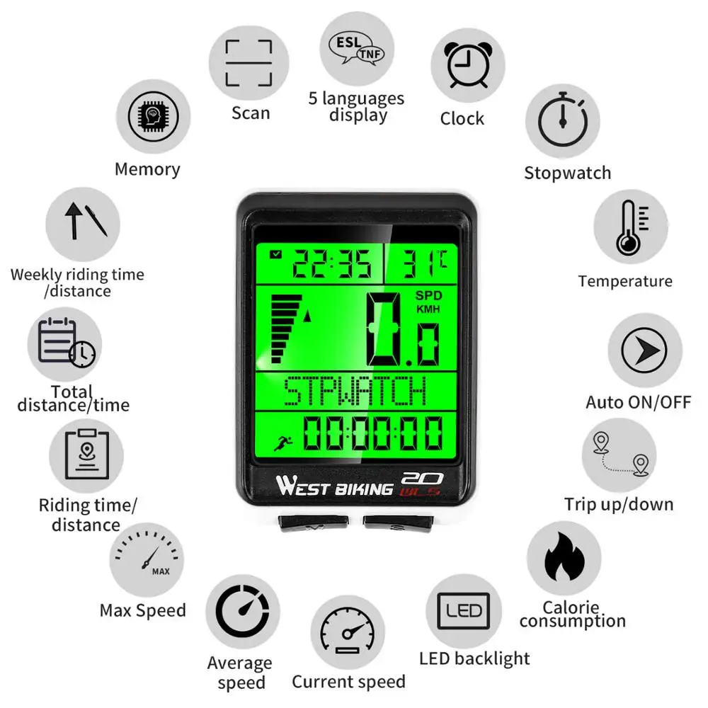 WEST BIKING LED Bicycle Computer Bike Speedometer 5 Language Wireless Bike Odometer Waterproof Cycling Bicycle Speedometer