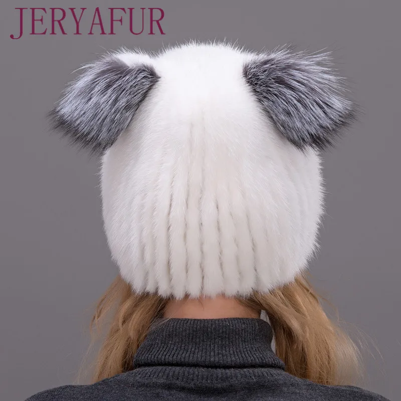 JERYAFUR Winter Women\'s Mink Hat Vertical Weaving Hat Genuine Natural Fox Mink Fur Cap Lovely Cat Ears Style Hats