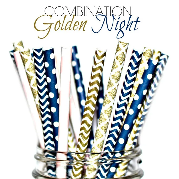 125 Pcs Mixed Colors GIRLS NIGHT OUT PARTY Paper Straws,Light Pink Stripe,Navy Swiss Dot and Chevron,Gold Damask Chevron,Cute