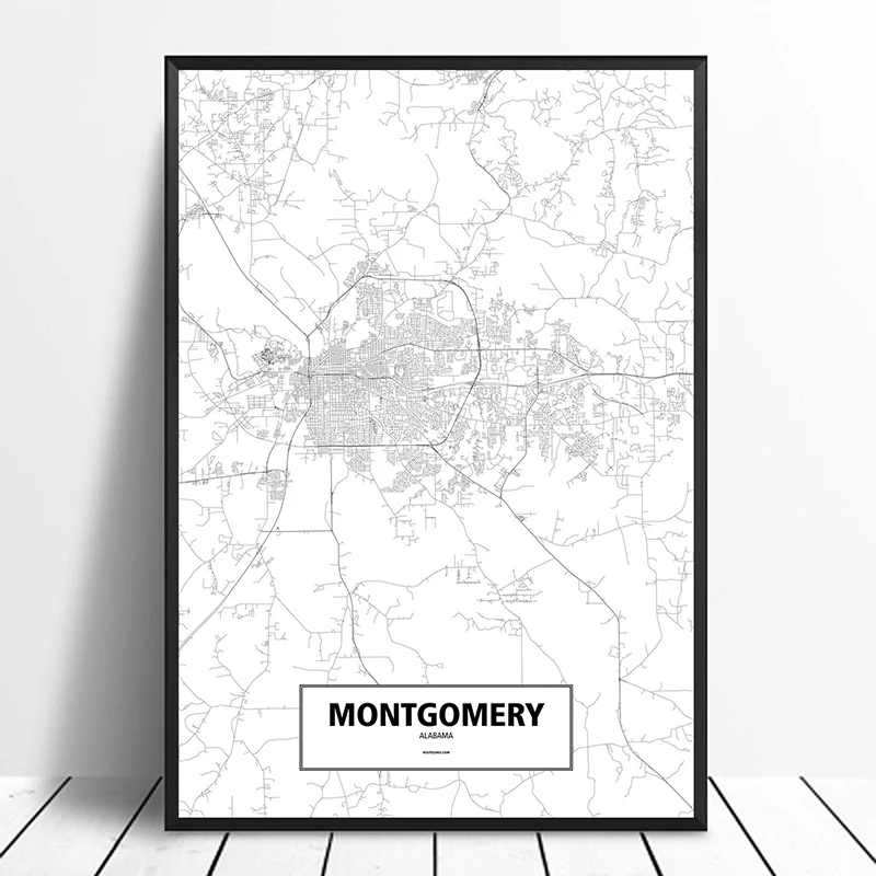 Montgomery, Alabama, United States Black White Custom World City Map Poster Canvas Print Nordic Style Wall Art Home Decor