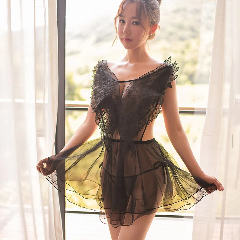 

Yhotmeng2019 new angel wings perspective mesh Europe and America ladies sexy lace strap nightdress suit black and white