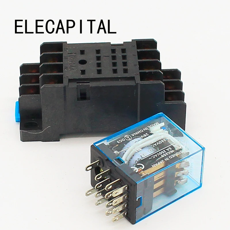MY4 Power Relay MY4NJ with Din Rail Mount Socket Base 14 Pins 12V/24V 110V/220V MY4N Relay Switch