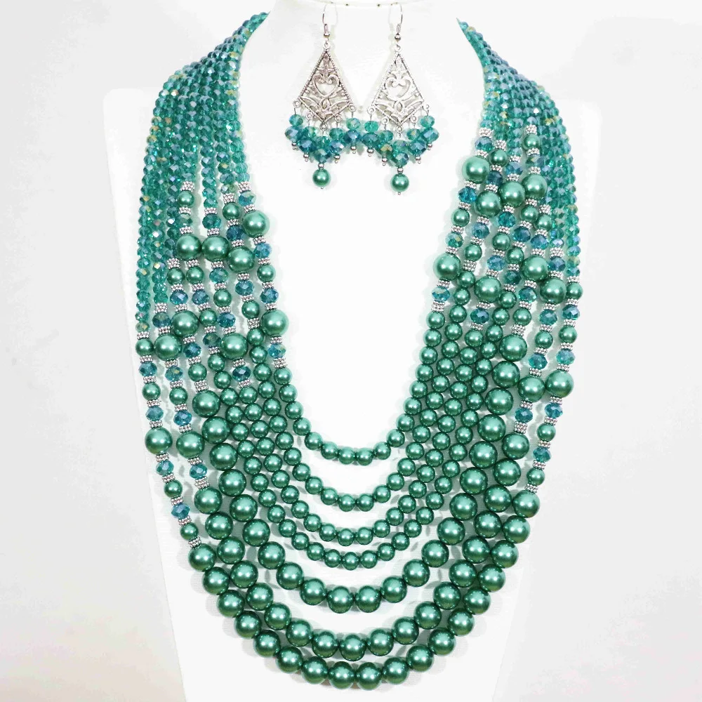 

Vintage malachite green round imitation shell pearl abacus crystal 7rows necklace earrings for women ceremony jewelry set B1303