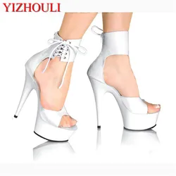 Elegant Ankle Strap 15CM High Heel Slippers Platforms Pole Dance shoes white 6 inch women fashion shoes sexy clubbing high heels