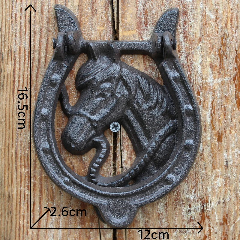 Black Horseshoe Cast Iron Front Door Knocker Farm House Home Garden Decor Vintage Handmade Foot Circled Animal Head Metal Handle