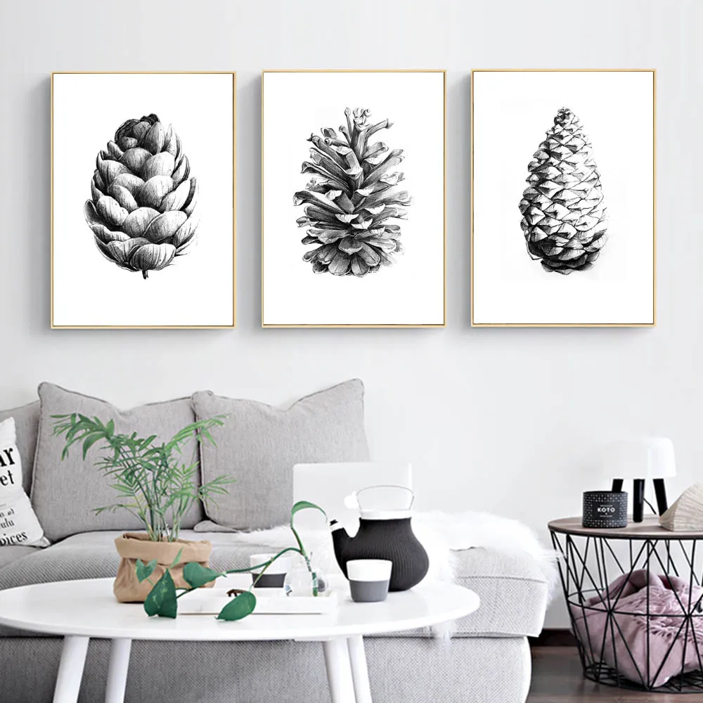 Black and White Sketch Hand Draw Pine Cone Canvas Painting Art Posters Prints Nordic Wall Pictures for Living Room Home Decor