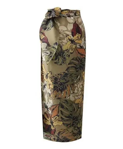 Sexy Flower Leaves Print Bow Tie Sashes Wrap Skirt Vintage Women High Waist Slim Fit Mid-Calf Long Pencil Skirts Holiday