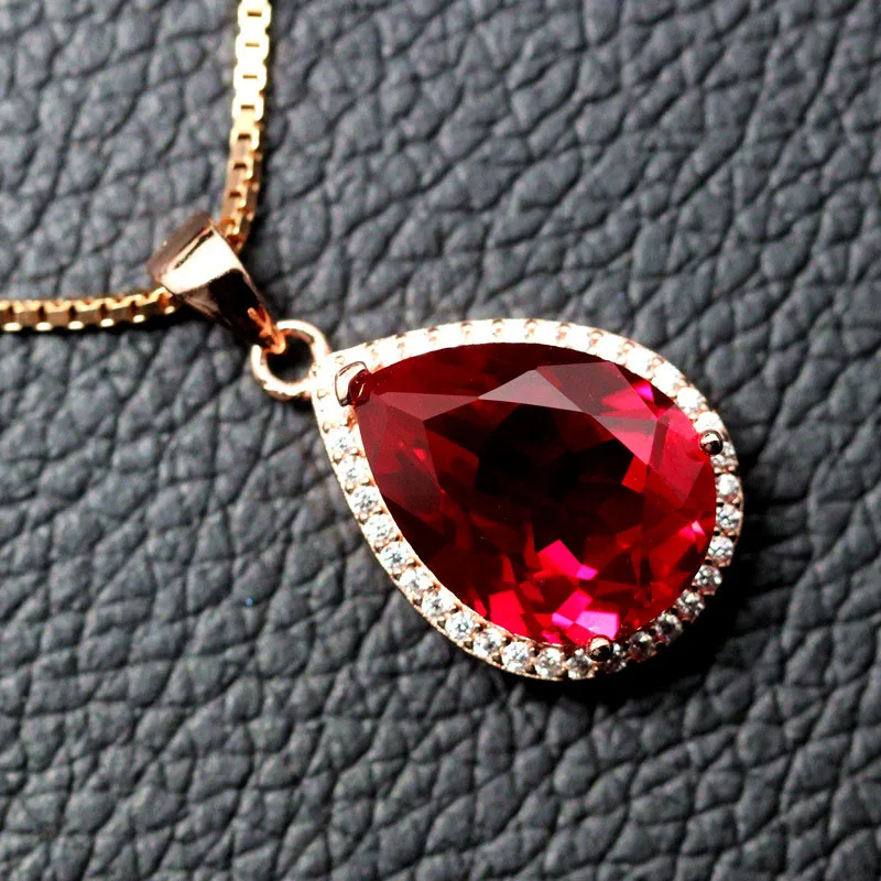 Pear shape red corundum stone jewelry necklace pendants faceted stone bright 925 silver trendy women free shipping