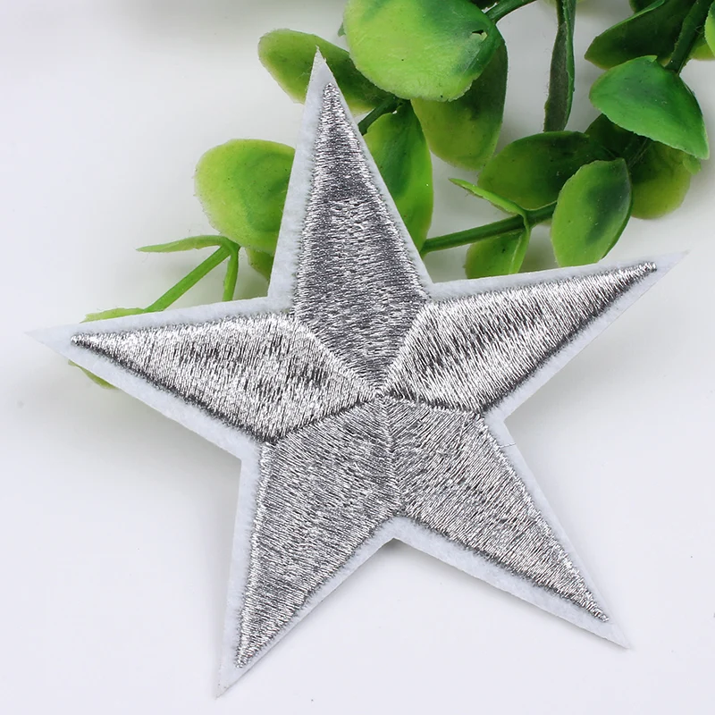 Wholesale Embroidered Patch 7.5cm Silver Star Sticker Iron On Patches for Jeans bag Shoes Decorative Appliques DIY Patchwork