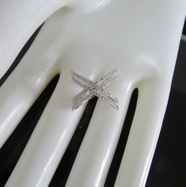 100% pure 925 sterling silver women finger rings,fine micro pave cz bling double criss cross X ring