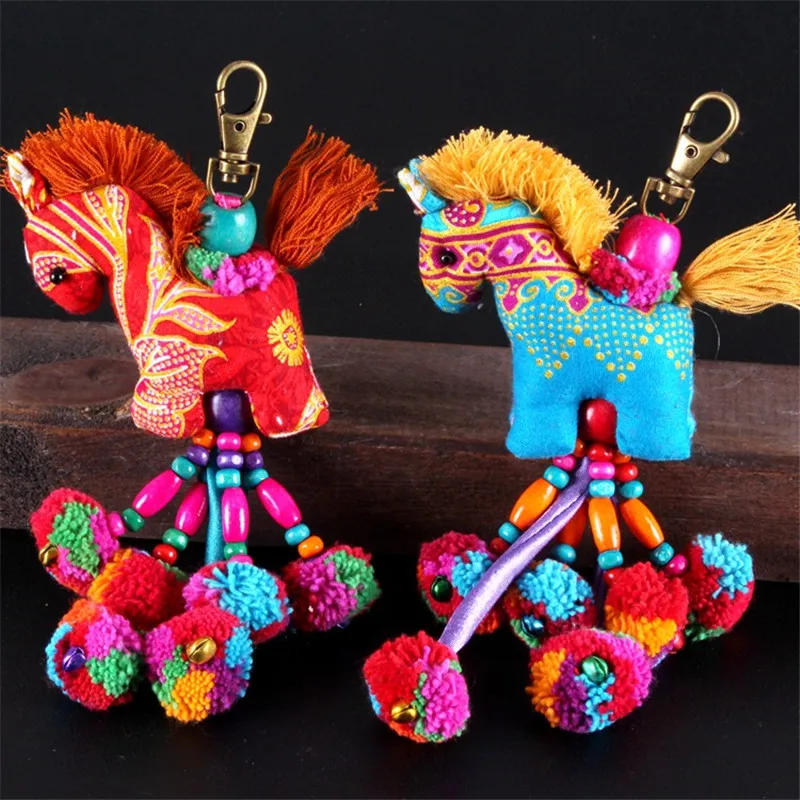 Glamorous Thailand Horse Crafts Southeast Asia My Pony Rainbow Pompom Keychain Charm Bag Pendant ethnic Wool Balls Hanging Decor