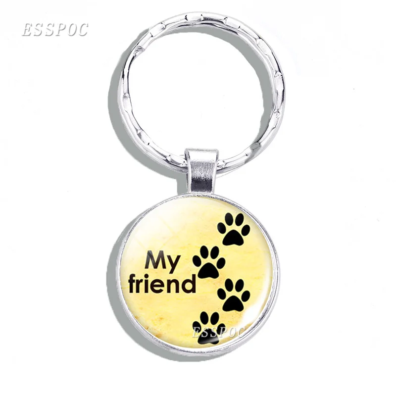 Multiple Styles Personalised Engraved Paw Print Tibetan Silver Keychain Cute Pet Dog Paw Glass Cabochon Art Picture Key Chain