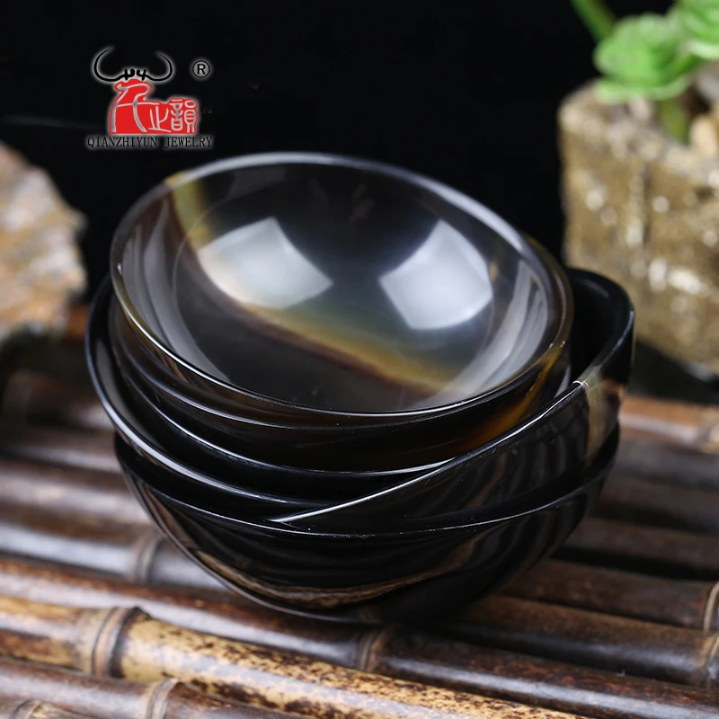 Pure handmade natural water buffalo horn small bowl with thick black horn bowl.