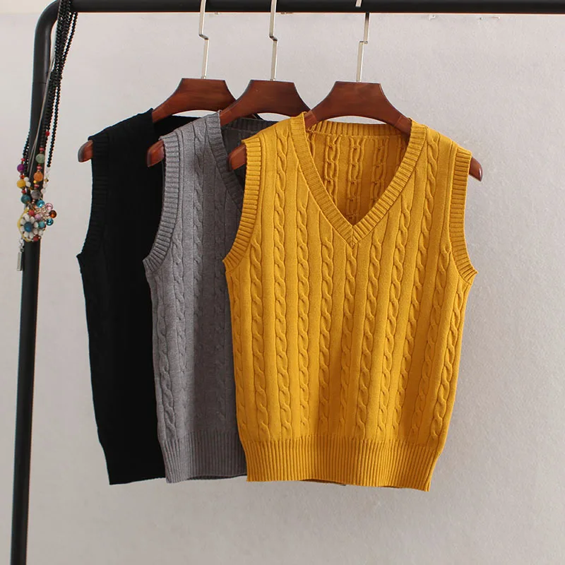 Korean Wool Sweater Vest Spring Autumn Women V-Neck Knitted Vest Female Casual Tank tops Tees Sleeveless Twist Knit Pullovers