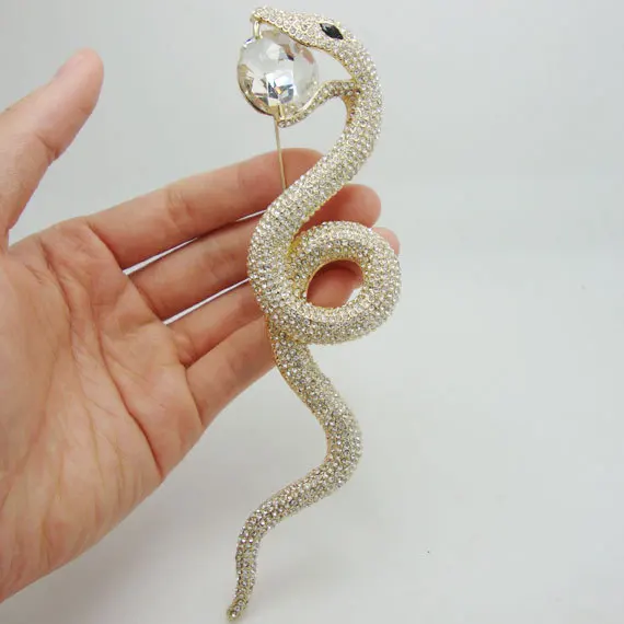 TTjewelry High Quality Luxurious Long Snake Pendant Animal Brooch Pin Clear Rhinestone Crystal Classic Women Party Brooch