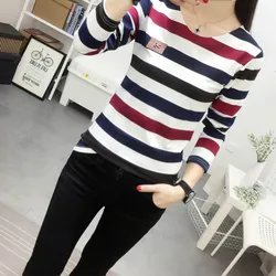 Autumn Korean Female harajuku Long Sleeve T-shirt Women Colorful Stripe women tshirt vetement femme Women T-shirts Casual Tops