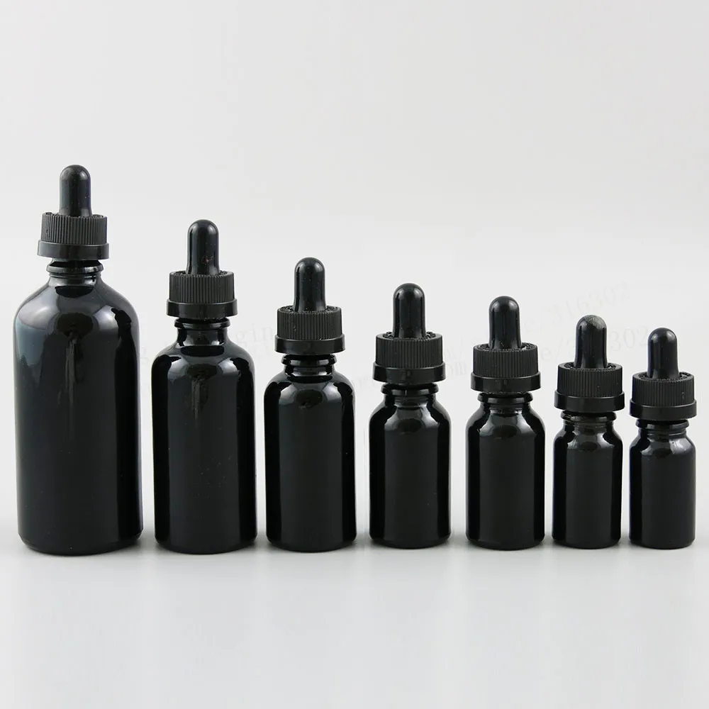 100ml 50ml 30ml 20ml 15ml 10ml 5ml Shining black glass essential oil bottle  With Childproof Drop 1oz Cosmetic Vials