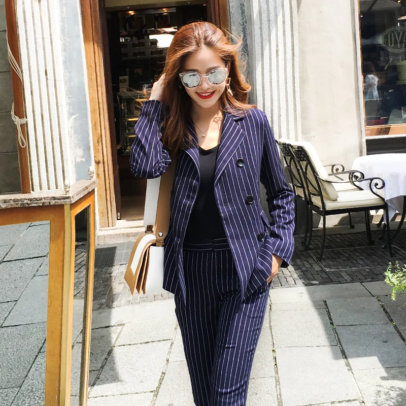 Quality Women\'s Business Set 2018 new British retro fashion casual striped ladies suit ladies professional two-piece suit