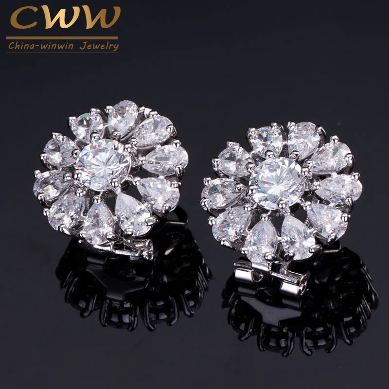 CWWZircons AAA+ Sparkling White CZ Big Round French Clip Stud Summer Flower Earrings For Women Zirconia Jewelry CZ334