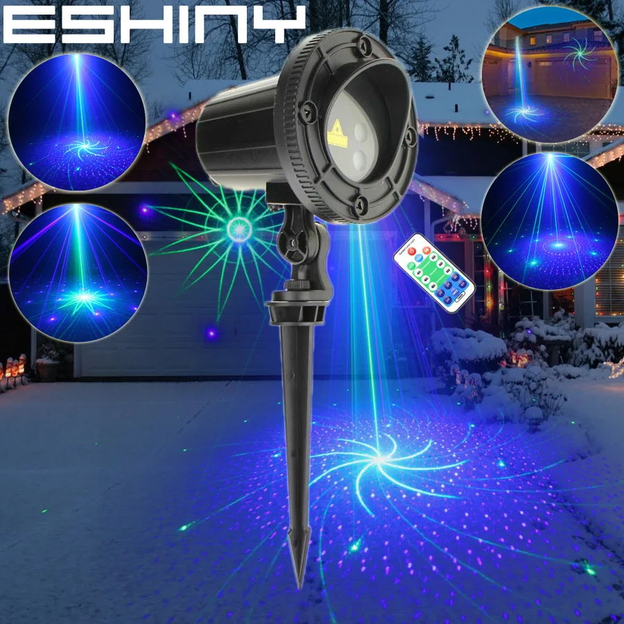 ESHINY Outdoor Blue Green Laser 16 Patterns Projector IP44 Holiday Party Bar Xmas Tree House Wall Landscape Garden Light T225D2