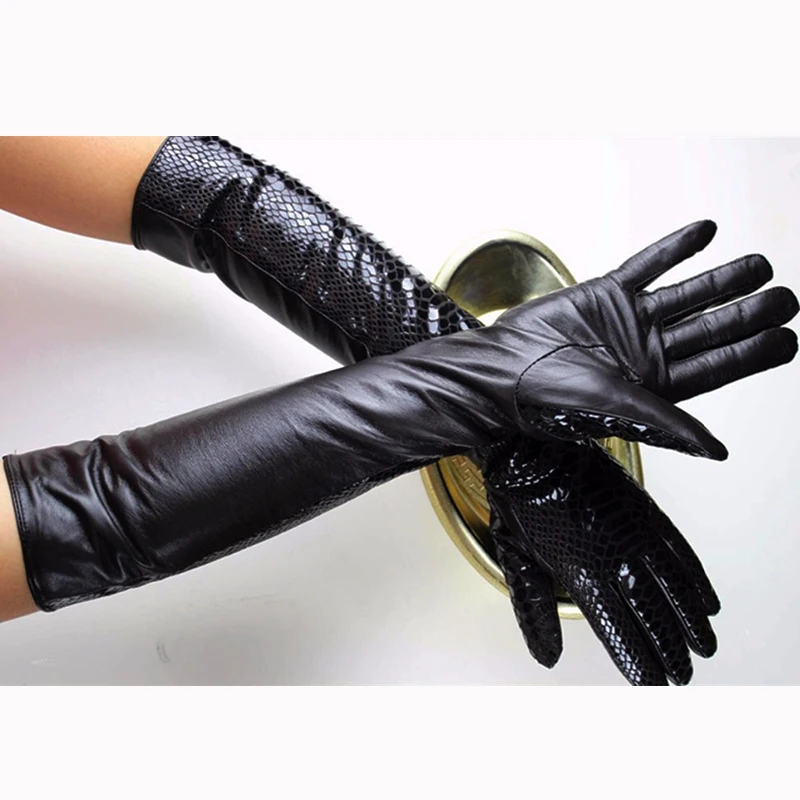 New Crocodile Pattern Long Sheepskin Leather Gloves Women Elbow Velvet Lining Autumn Winter Warm Arm Cover Black