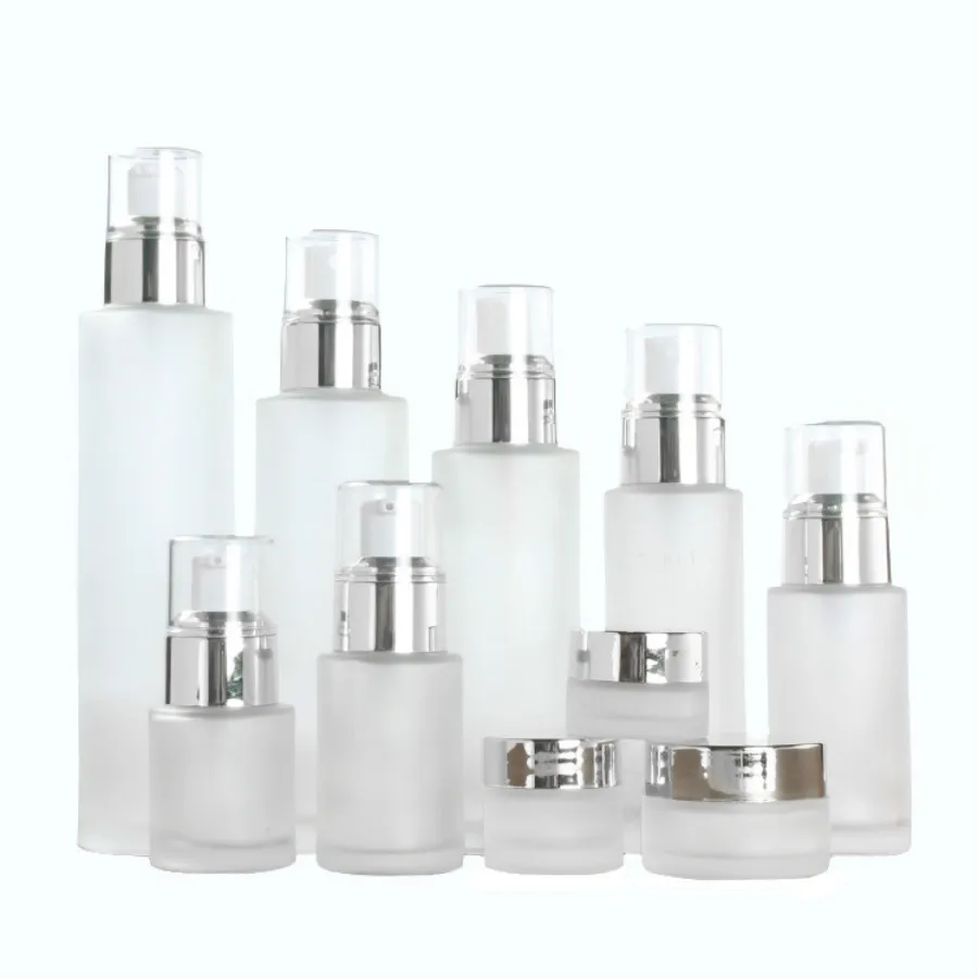 

50pcs frosted glass lotion bottles essential oil perfume press pump bottle spray cream jar cosmetic packaging container