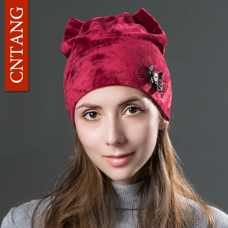 CNTANG Cute Cat Ears With Flower Caps Winter Warm Women Hats Flannel Autumn Beanies Fashion Girls Hat Velvet Skullies For Female