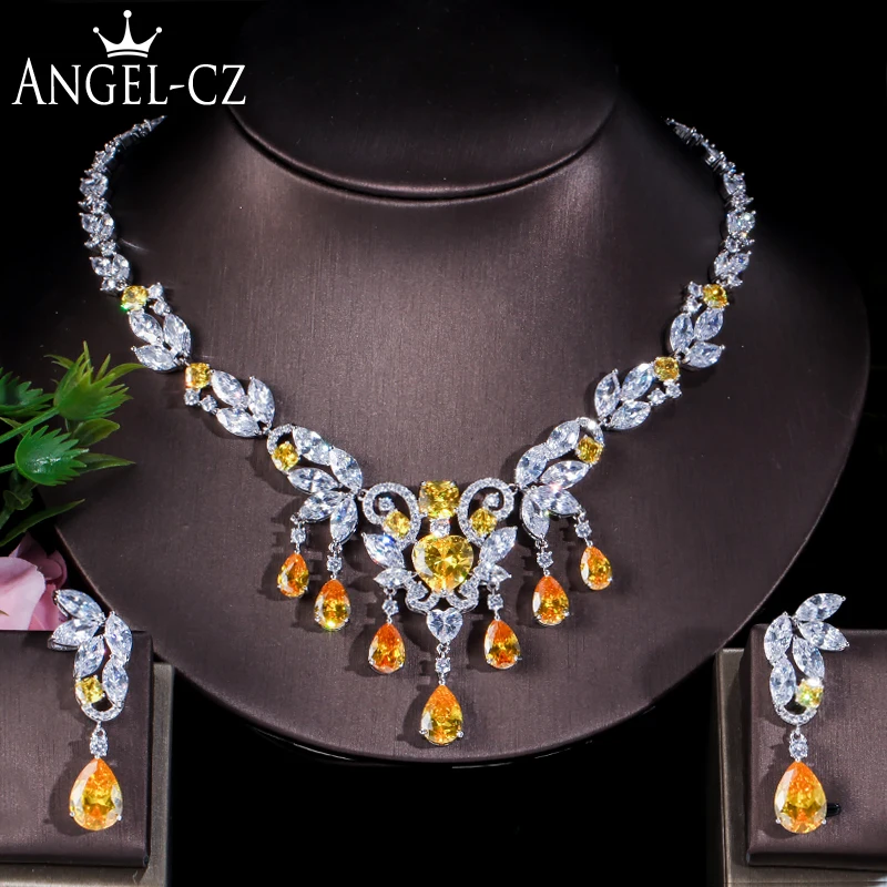 ANGELCZ Classic Tassel Design Pave Yellow Cubic Zirconia Stone Luxury Nigerian Wedding Necklace Earrings Party Jewelry Set AJ108