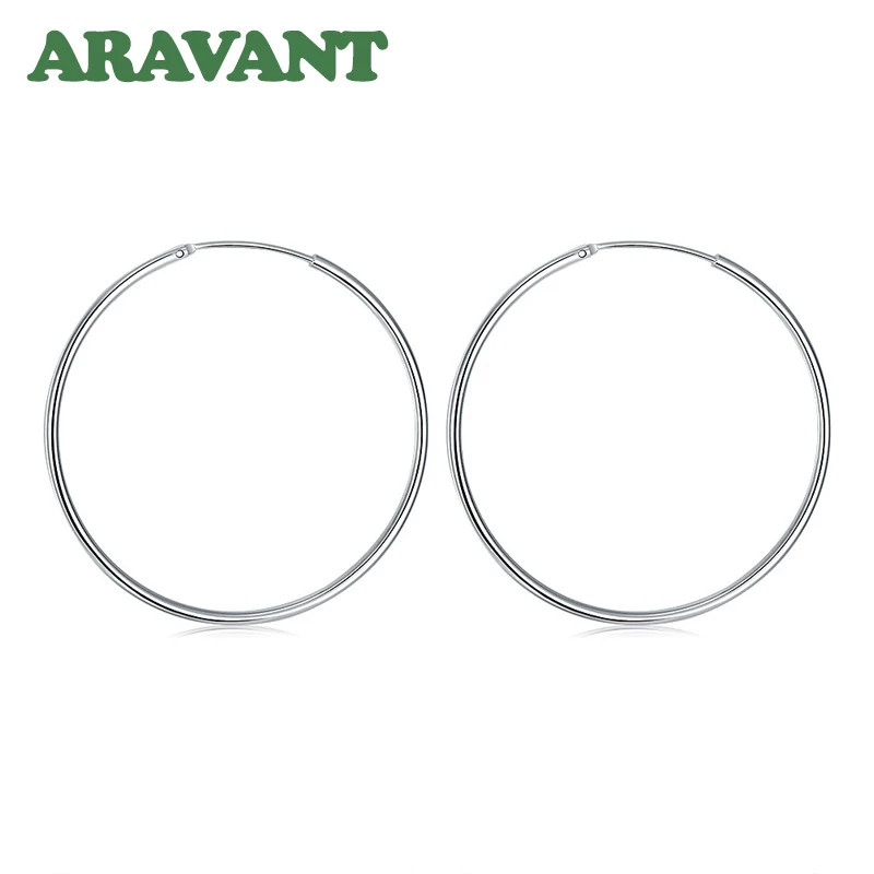 Aravant 925 ayar gümüş Hoop küpe kadınlar için 35/50/60MM büyük yuvarlak daire küpe takı hediye