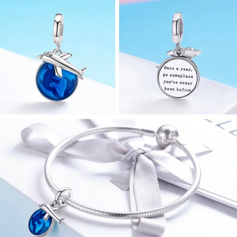 Wostu Reizen Rond Wereld Bedels 100% 925 Sterling Zilveren Vliegtuig Blauw Kralen Fit Originele Armband Hanger Diy Ketting Sieraden