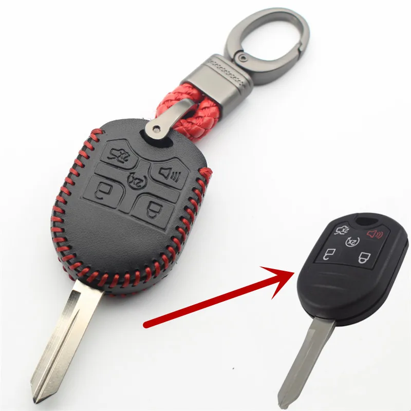 FLYBETTER Genuine Leather KeyChain 5Button Remote Key Case Cover For Ford Explorer/Edge/Escape/Ranger/E150/F350/F550/E250 L352