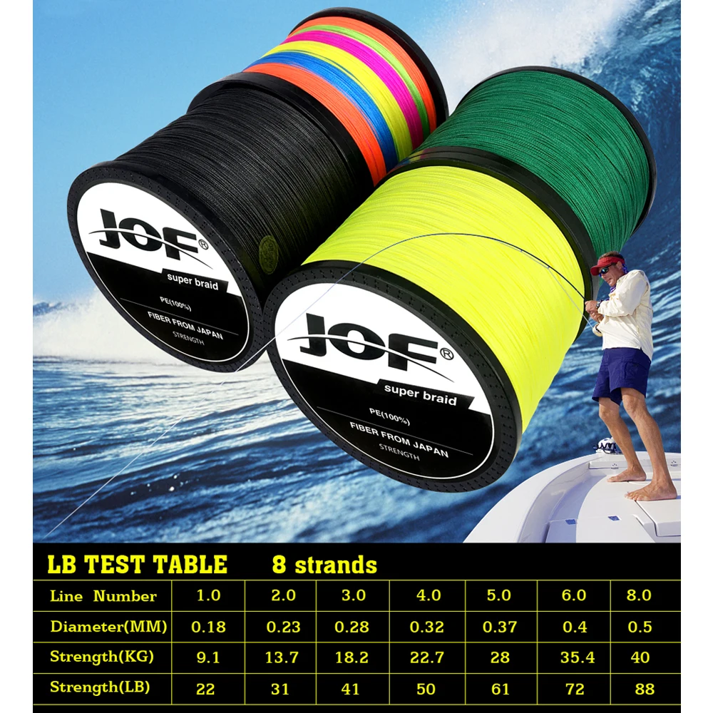 JOF 1000m Fishing Line 8 Strands PE Carp Fishing Cord Pesca Braided Wire 22-88LB Peche 9 Colors Strong Fishing Accessories