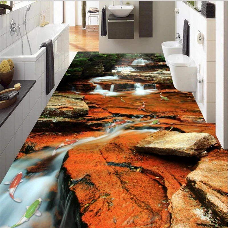 wellyu Customized large mural pvc waterfall carp jumping gantry background waterproof thickened wear-resistant floor stickers