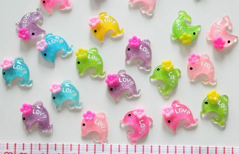 250 pcs Clear Glitter Bling Resin kawaii Love Dolphin cabochons 20x18mm free shipping assorted colors