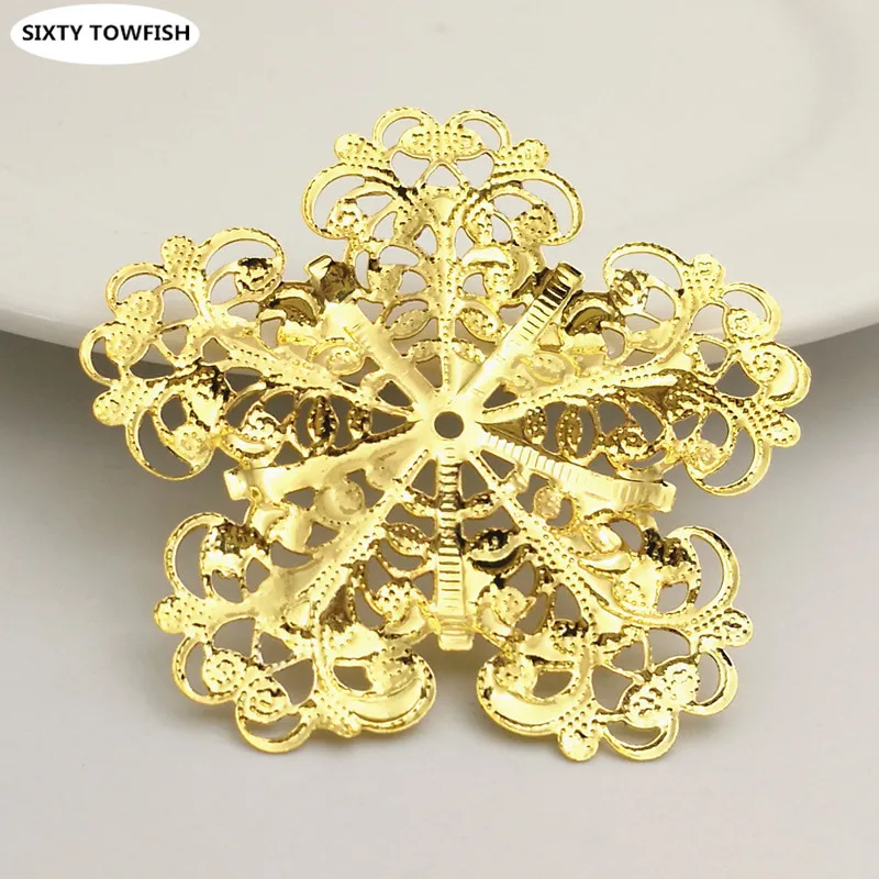 10 PCS 50mm Gold color Metal Filigree Flowers Slice Snowflake Charms Base Jewelry Accessories DIY Components Making