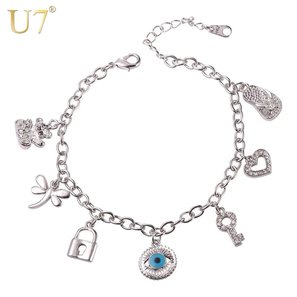 U7 Charm Bracelet Cute Bear Heart Key Evil Eye Slippers Dragonfly Trendy Silver Color White Rhinestone Bracelet For Women QC24