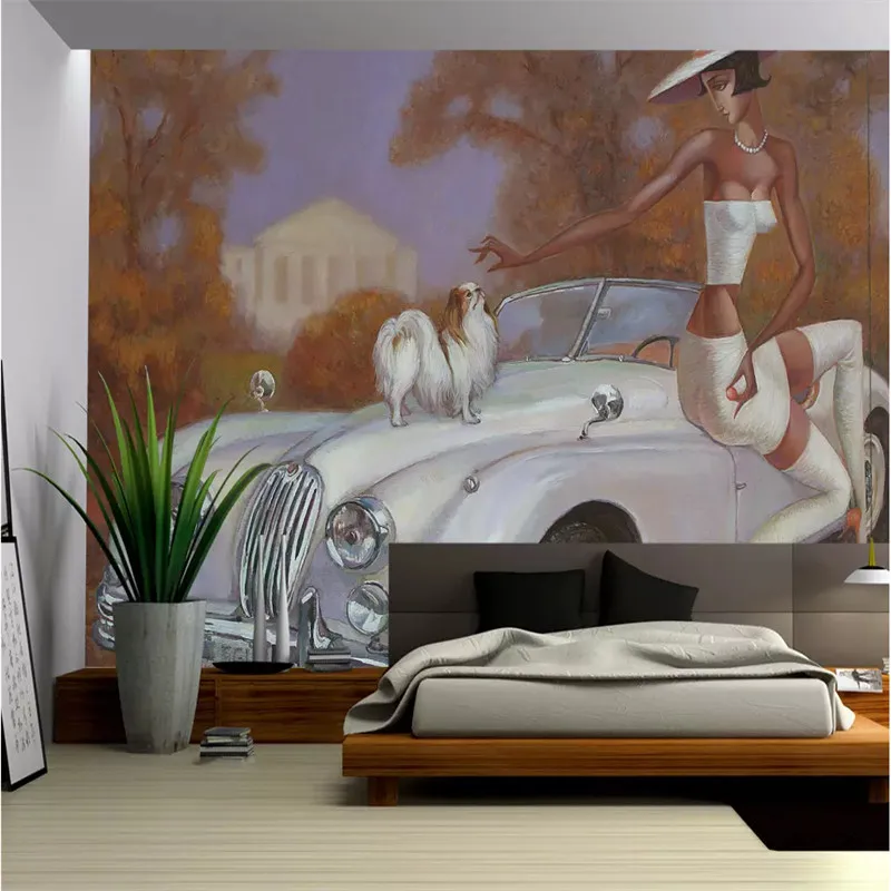 

Wall Paper 3D Medieval Vintage Classic Car Beauty Pet Dog Oil Painting Mural Wallpapers for Living Room Walls Papel De Parede 3D