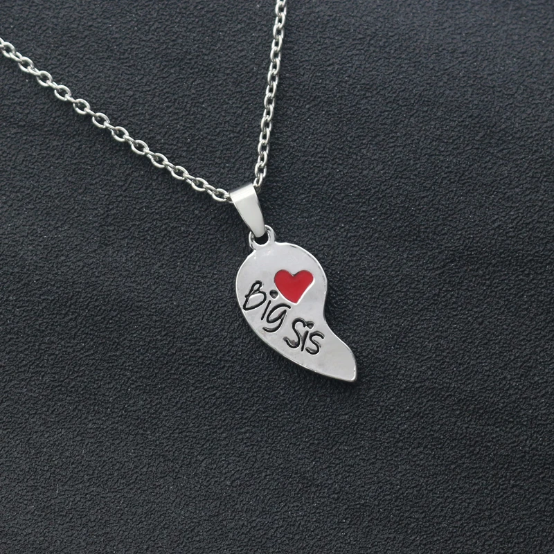2 PC/Set  Big Sis Lil Sis Big Sister Little Sister Alloy Pendant Necklaces Red Heart Stitching Good Sisters Necklace For Women image 4
