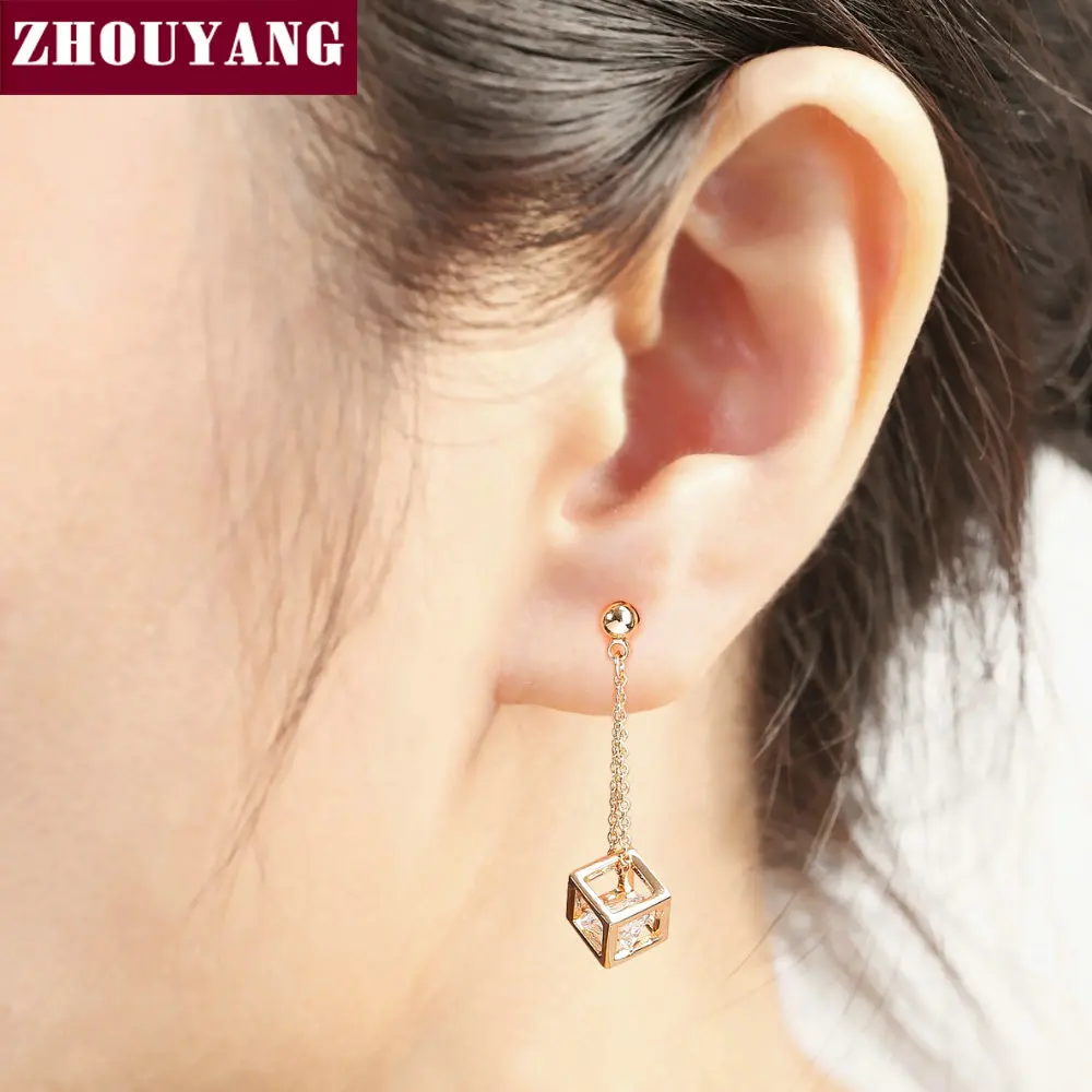 ZHOUYANG Top Quality Crystal Cube Drop Earrings Rose Gold Color Earring Jewelry  Austrian Crystal ZYE661 ZYE652