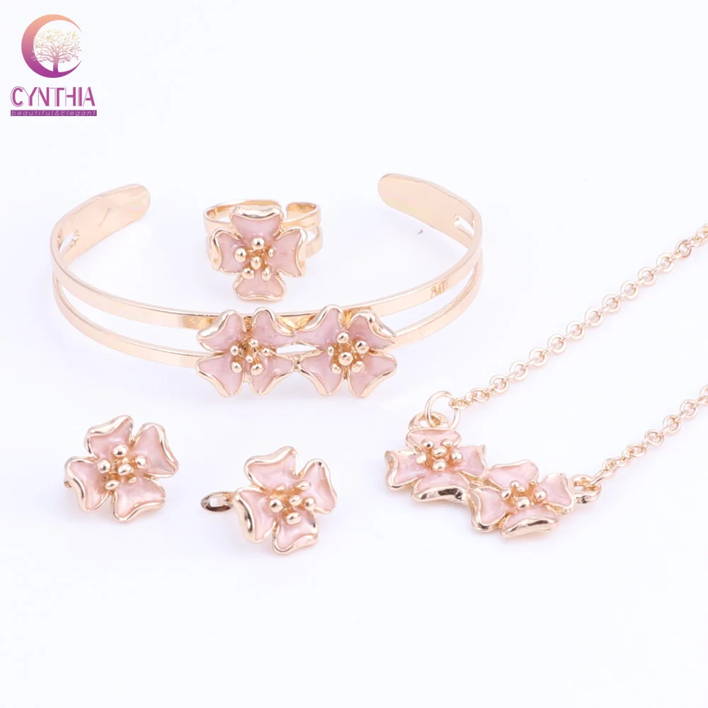 Gold Color Enamel Flower Necklace Bangle Bracelet Ring Set For Children Kids Costume Jewelry Sets 5Color