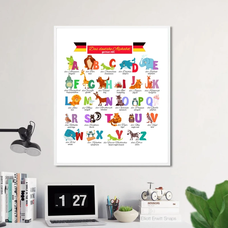 German Alphabet with Animals Nursery Wall Art Canvas Painting Education Poster Foreign Language Study Print Kids Room Art Decor