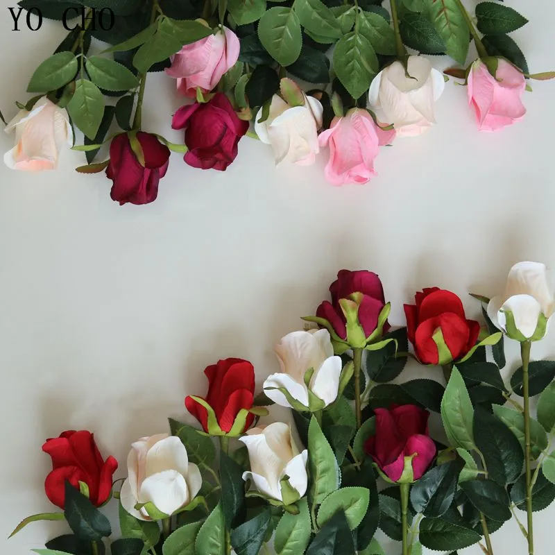YO CHO Long Stem Rose Flower Bud Christmas Day Home Decor Party Supply Artificial Flower Rose Peony Silk Flower Bud Pink Flowers
