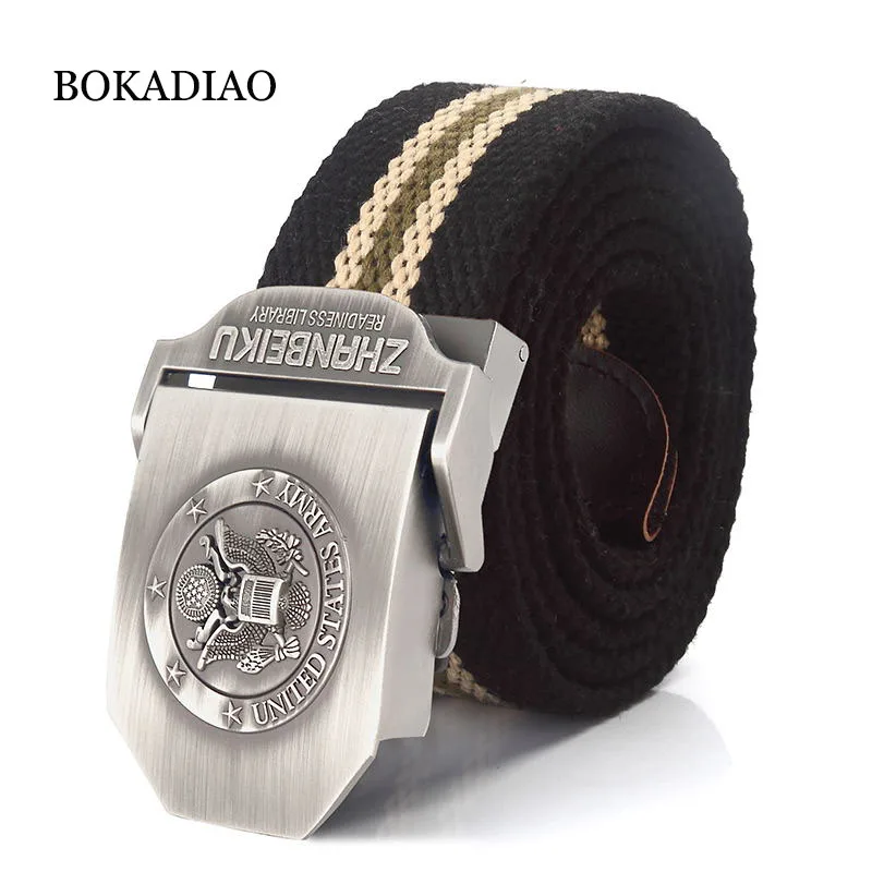 BOKADIAO Men Canvas Belt Great Seal of the United States Metal Buckle Jeans Belt Soldier Tactical Belts For Men Waistband Strap