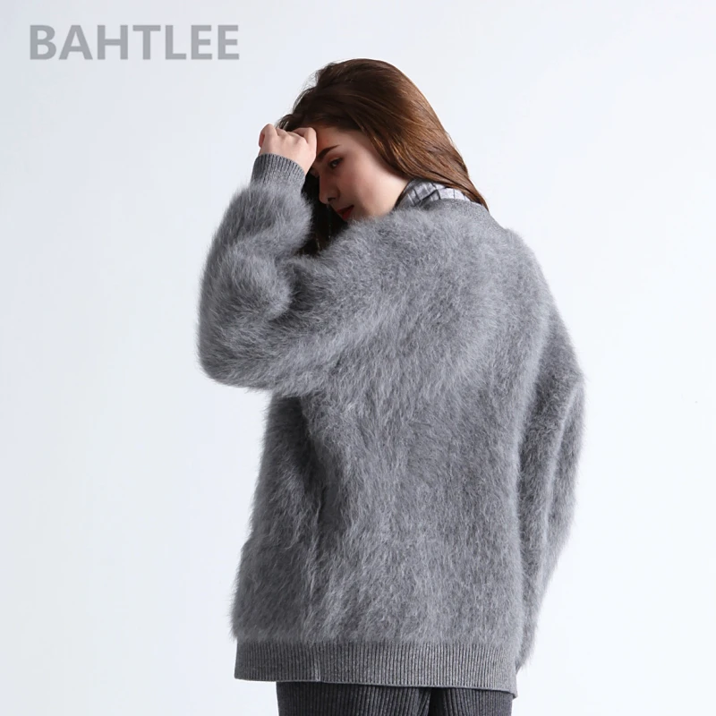 BAHTLEE-Women\'s Knitted Angora Cardigans, V-Neck Sweater, Button Pocket, Very Thick, Keep Warm, Loose Style, Winter