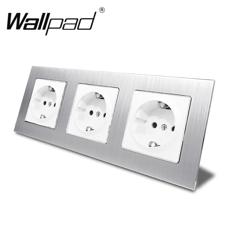 Triple EU Outlet Socket with Claws Back Wallpad 234*86mm Silver Satin Metal Panel 16A Wall Schuko EU Power Wall Socket Round Box