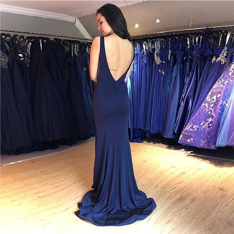 Elegant Long Evening Dress Scoop Neck Navy Blue Mermaid Style Backless Vestido De Noite Trumpet Formal Evening Party Dresses New